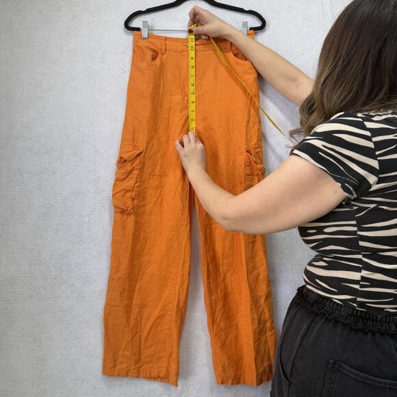 HG Pants Womens Medium Orange Linen Blend Cargo Wide Leg High Rise Elastic Waist - Picture 7 of 10